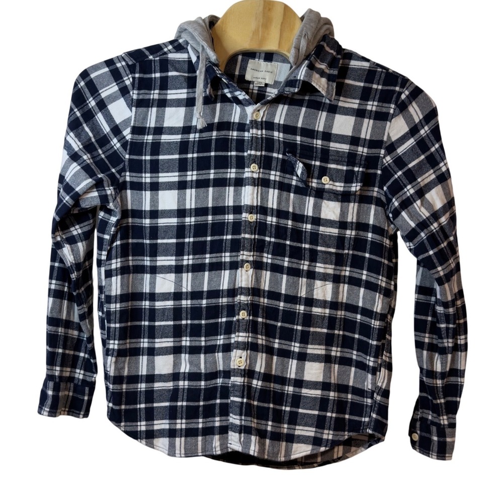 American Eagle Men's Super Soft Flannel Hoodie Shacket Size L Button Up Plaid